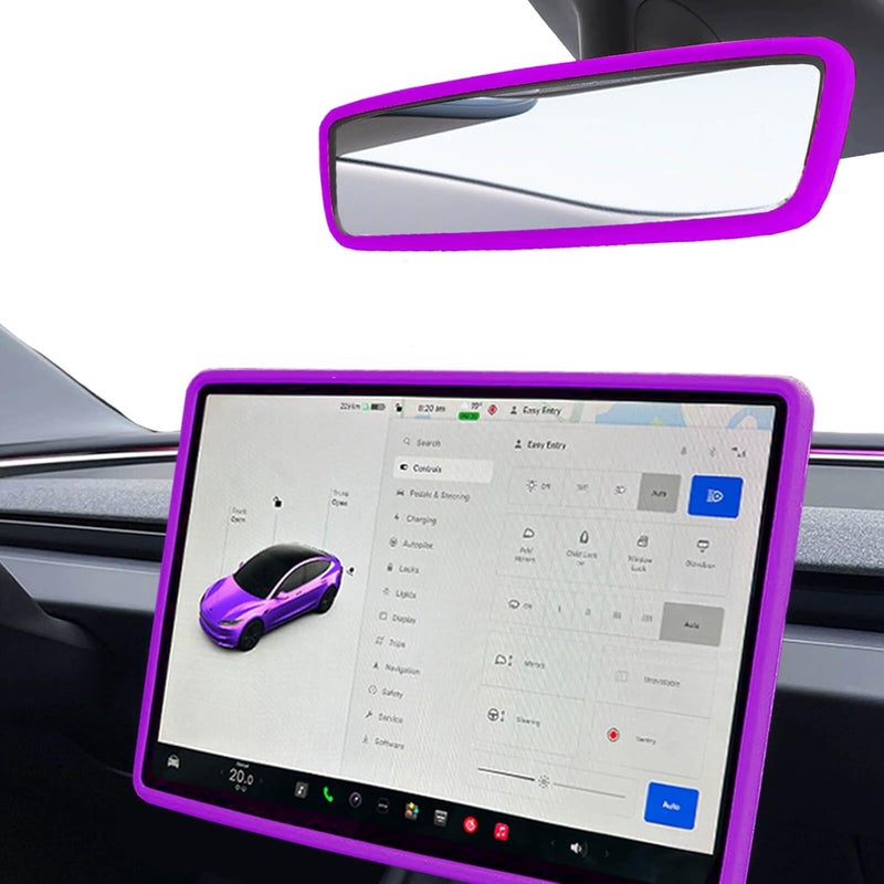 Yeapop 2Pcs Silicone Protector Frames of Screen and Rear View Mirror for Tesla Model 3 2024 Highland and Model Y 2025 Juniper. (Purple) - Image 1